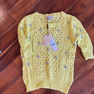 Darling Yellow Short-Sleeve Embellished Crewneck Sweater
